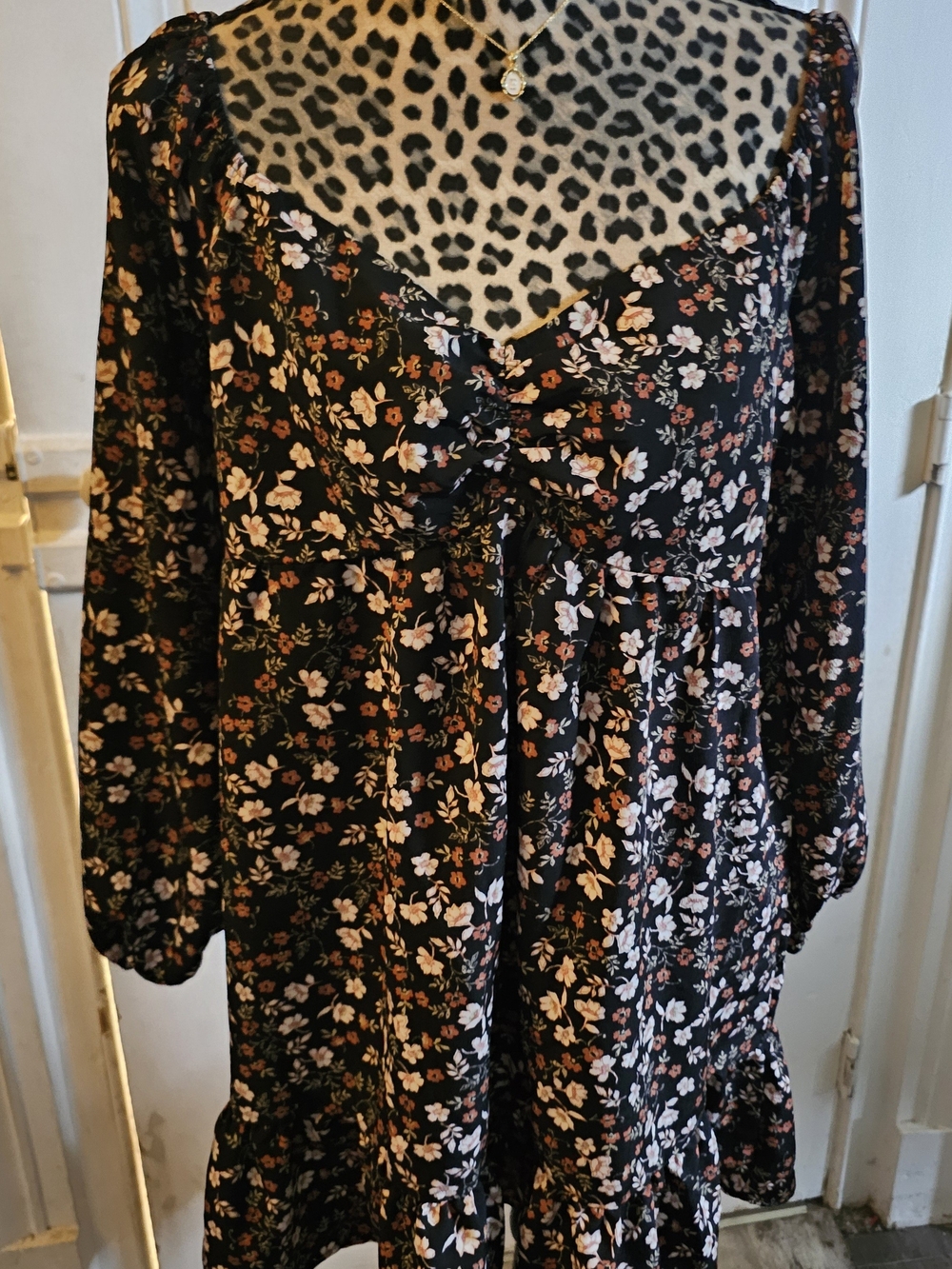 Lily Rose Black Mini Dress with Peach and White Floral Print.